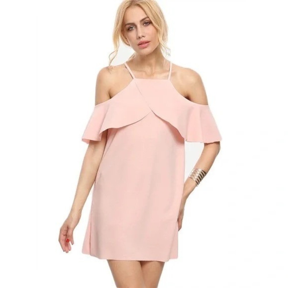 Zara Pink‎ Cold Shoulder Ruffle Mini Dress Y2K Coquette Soft Girl M